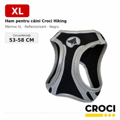 Ham pentru câini Croci Hiking, mărime XL (53–58 cm), reflectorizant, negru – rezistență și control pentru talie foarte mare